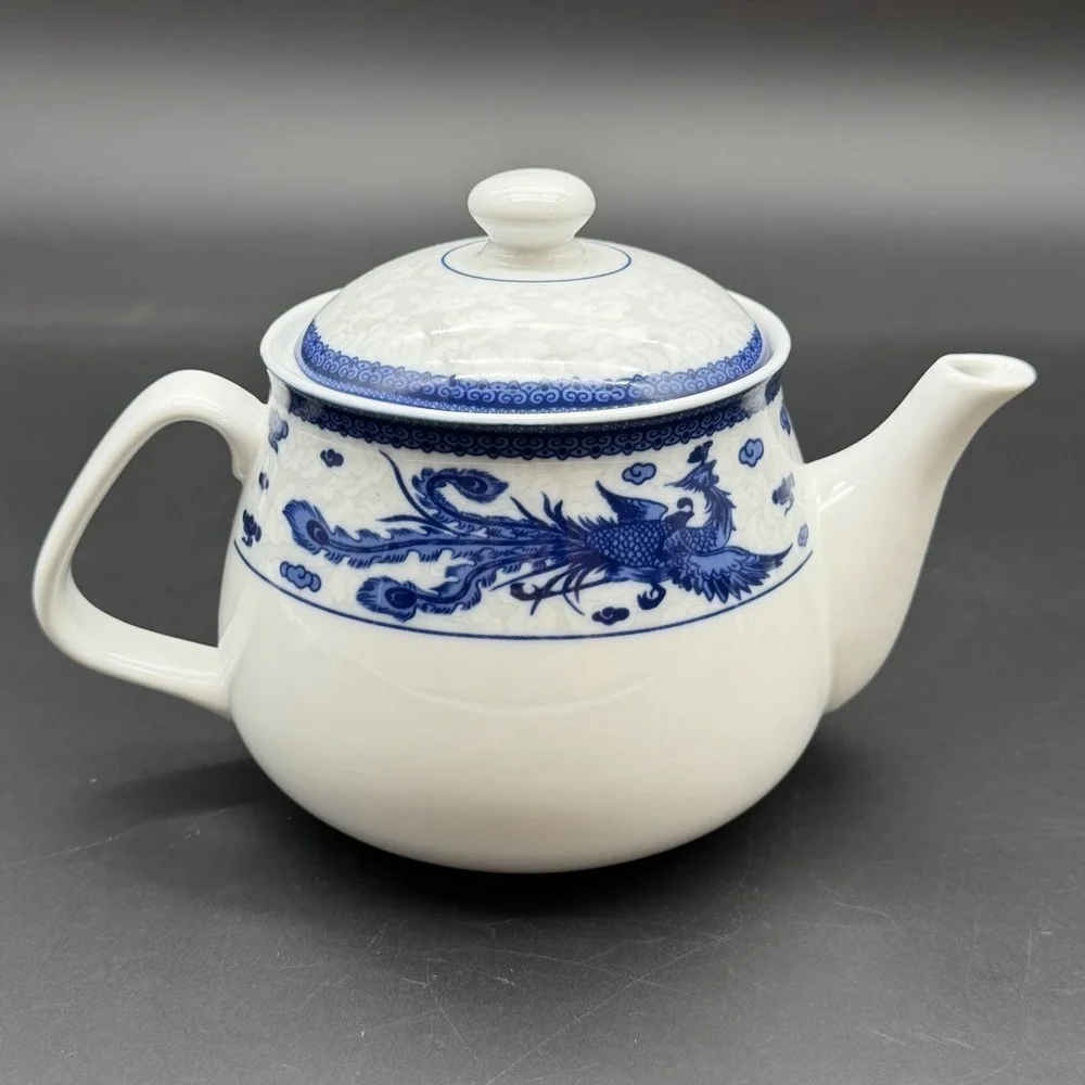 Vintage Lake Tian Blue White Porcelain Teapot Dragon Phoenix Chinese 5